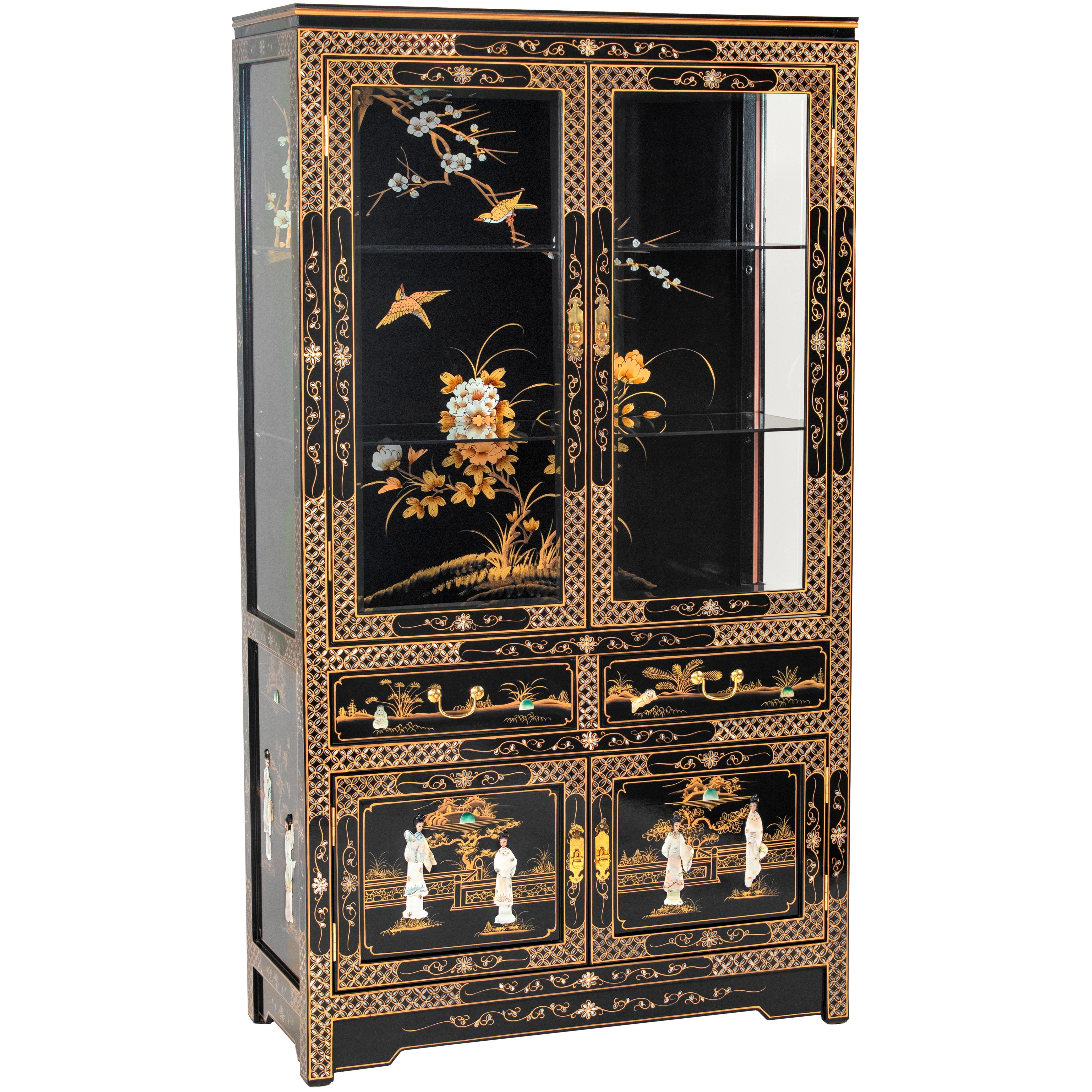 Oriental Furniture Gold Lacquer Curio Cabinet - Cranes - Walmart.com