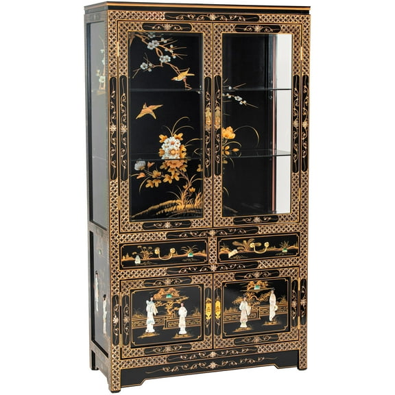 Oriental Furniture Black Lacquer China Cabinet - Royal Ladies