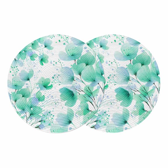 Spring Flowers Round 13 Inch Placemats Set of 2, Green Blossom Watercolor Botanical Florals HeatResistant Non Slip Place Mats for Dining Table, Wipeable Braided Kitchen Table Mats for Housewarming