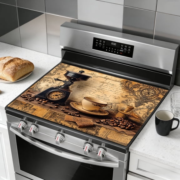 Stove Top Cover for Electric Stove, 28.5" x 20.5" Heat Resistant Glass Cooktop Cover Mat, Multi-Purpose Countertop Protector for Stove & Washer Top, Vintage Coffee Theme