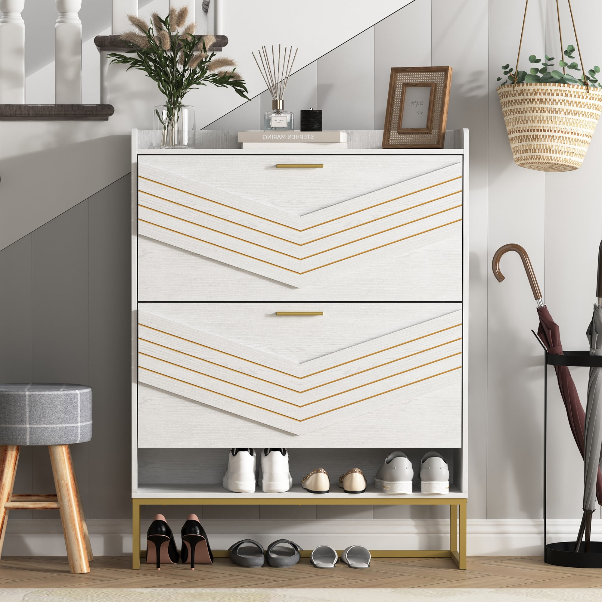 Finihen Shoe Storage Cabinet with 2 Flip Drawers for Entryway, Freestanding Storage Racks Hidden Narrow Shoe Organizers with Metal Legs, White Finihen Shoe Storage Cabinet with 2 Flip Drawers for Entryway, Freestanding Storage Racks Hidden Narrow Shoe Organizers with Metal Legs, White