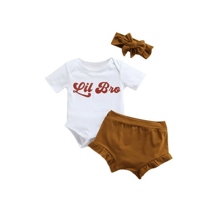 

Calsunbaby Toddler Summer Tracksuits Set Letter Print Short Sleeve Romper Solid Color Pleated Pantie Bow Headband 3Pcs Suit