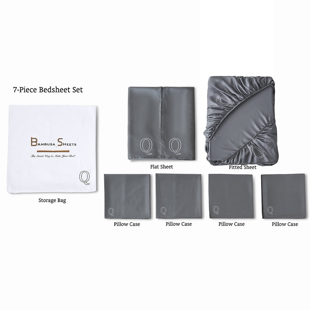 Bambusa: Soft, Cooling Luxury Bamboo Viscose- 7 Pc Bedding Set (Q=Queen, Grey)