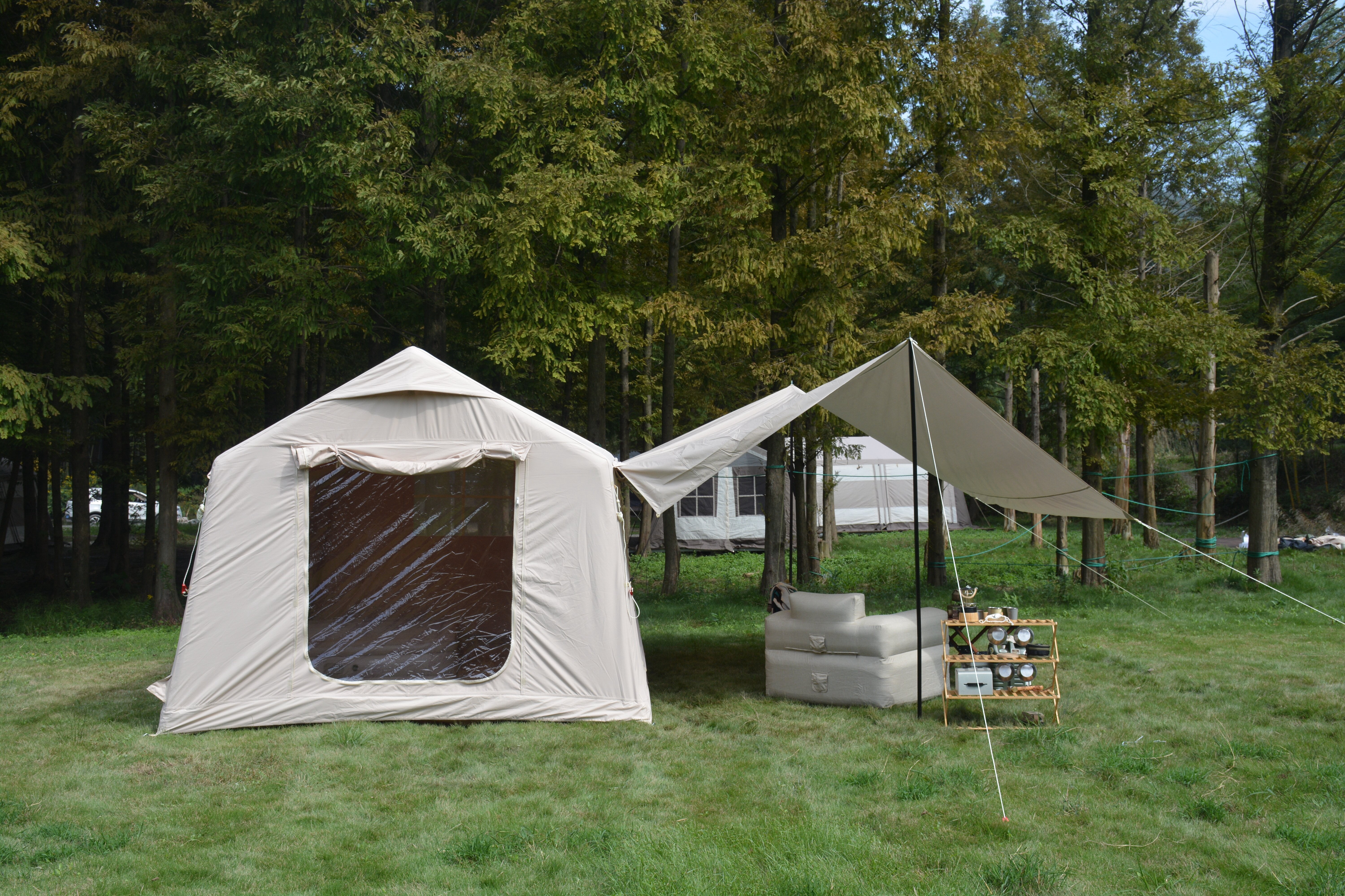 Acpouw 9.8 x13ft with canopy, Inflatable Camping Tents with Hand Pump, Air Glamping Tents, Easy Setup Waterproof and Windproof Blow up Tent Beige