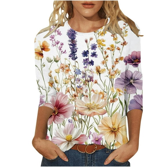 3/4 Sleeve Womens Tops Summer 2025 T-Shirts Floral Crewneck Casual Basic Tee Fit Tunic Tops Blouses