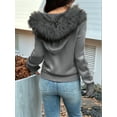 thumbnail image 4 of Women'S Zip Up Cardigan Sweater Cable Faux Fur Hoodies Long Sleeve Jacket Knit Outfits Y2K Grey M, 4 of 7