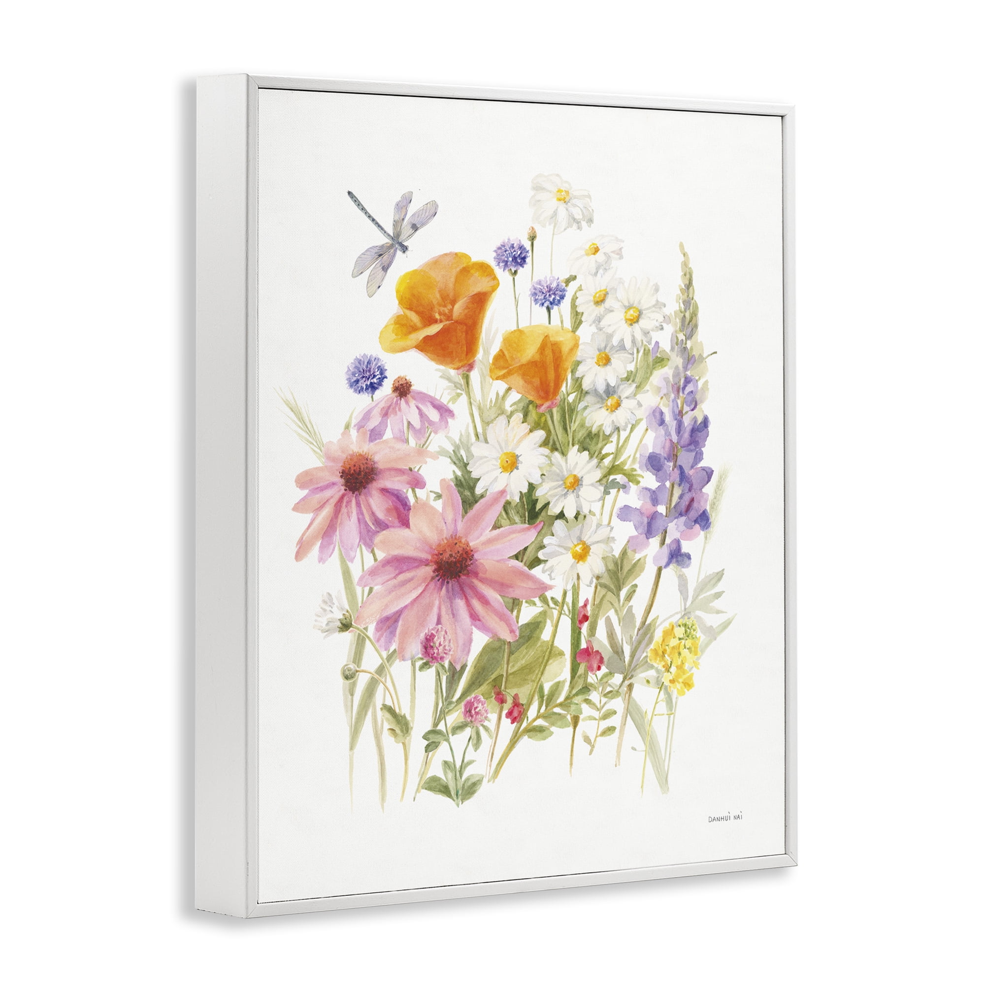 Stupell Industries Bright Flowers & Dragonfly Botanical & Floral Painting White Framed Art Print Wall Art, 16 x 20