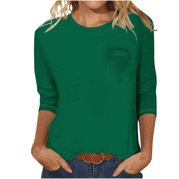 LMKIHUSA Army Green Tops for Women 3/4 Length Sleeve Round Neck T Shirts Loose Basic Tunic Tops Casual Summer 2025 Tee Green,XXL