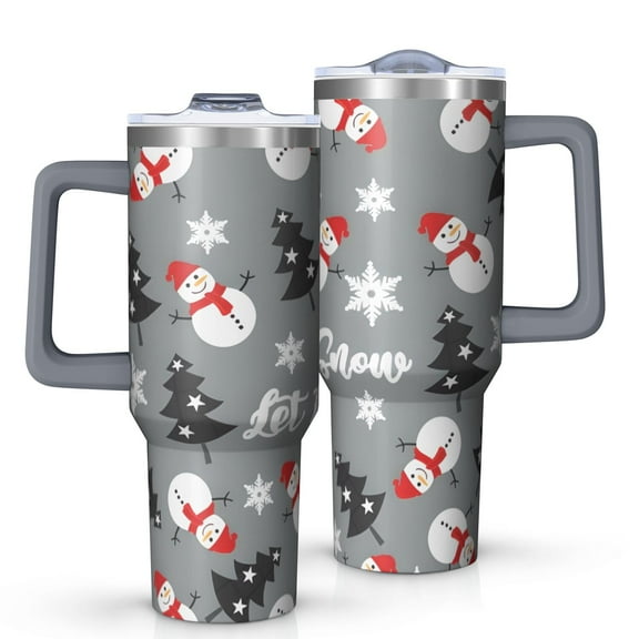 Gray Christmas Snowman Pattern Tumbler with Handle and Lid,40oz Double Wall Vacuum Insulated Tumbler,Cups Gift for Women and Men