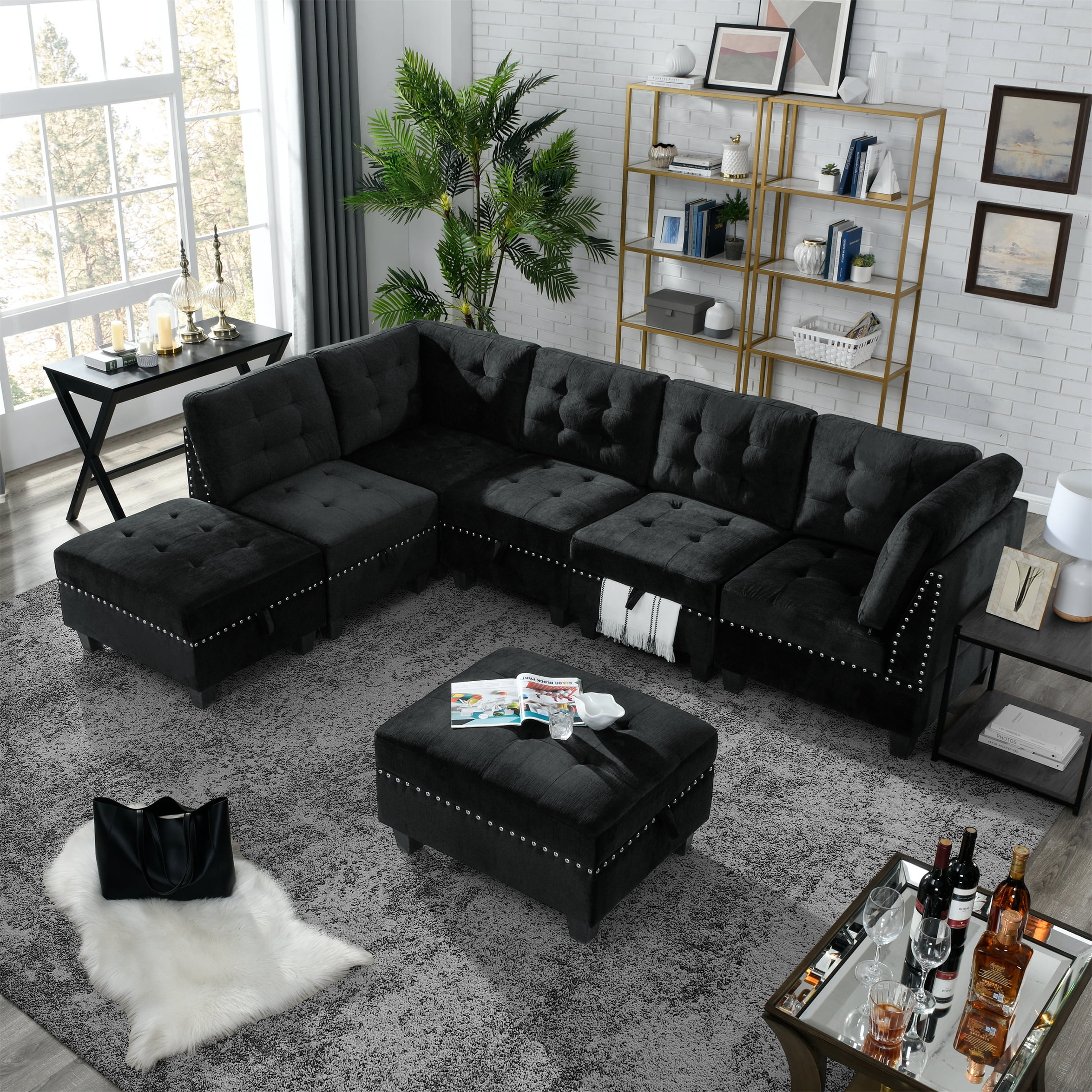Hardwood Frame Tufted Velvet Sectional Sofa Mid Century L Shape Couch Black 