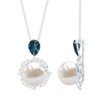 Rosec Jewels Freshwater Pearl Statement Pendant with London Blue Topaz and Moissanite, 10K White Gold