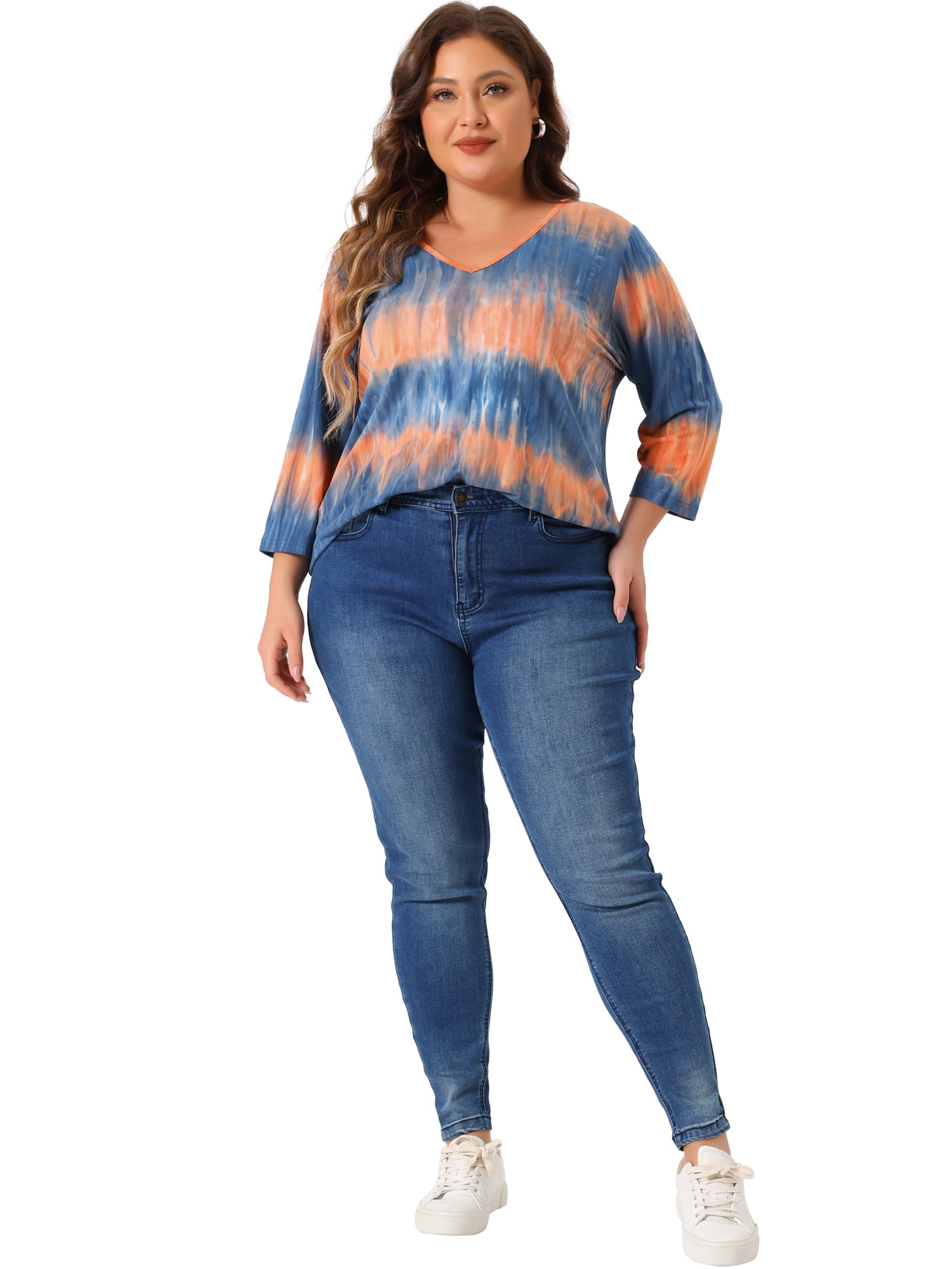 Unique Bargains Women's Plus Size V Neck 3/4 Sleeve Striped Tie Dye Blouse 2X Blue Orange