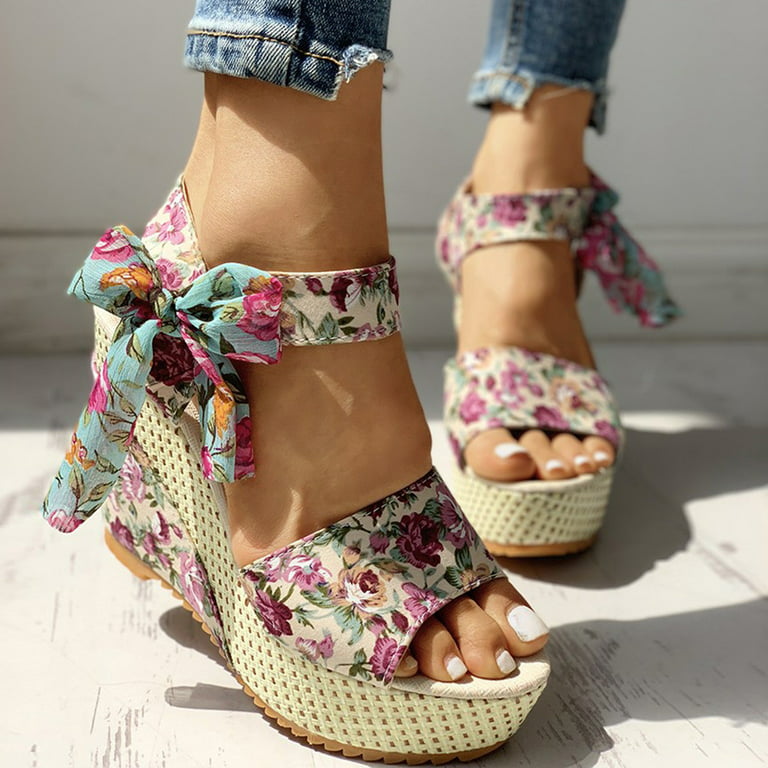 Women Shoes Women's Platform Wedges Heel Sandals Floral Flower Lace-up  Shoes Footwear Pink 6