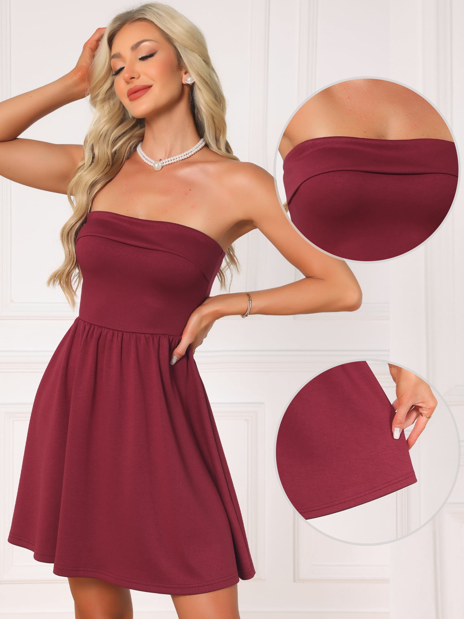DARING DIVA Women's Strapless Party Sleeveless Solid Flare Mini Tube Dresses L Dark Red