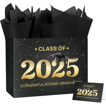 2025 Graduation Gift Bag with Tissue Paper Large Congrat Grad 15.7" Black