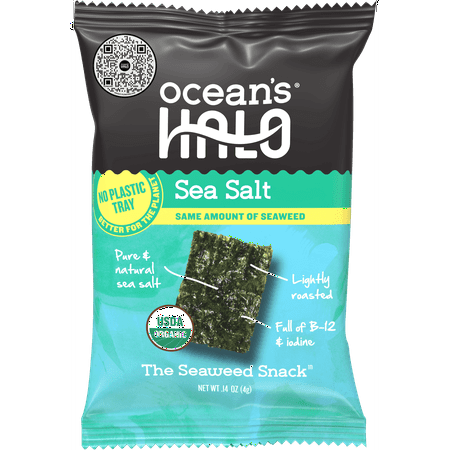 Ocean's Halo, Organic Trayless Seaweed Snack, Sea Salt, Vegan, No Plastic Tray, 1pk Nori, Shelf-Stable, 0.14 oz (Pack of 3)