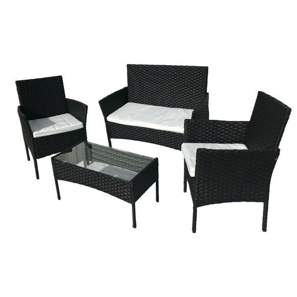 Ilios Innova Juego de Sala para jardín de 4 piezas fabricado en Mimbre sintético, Set para exteriores 3 Sofás con Asiento Acolchado y Mesa de Vidrio (Sala-4p) ilios innova mueble de mimbre sintético (Negro)