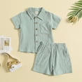 thumbnail image 6 of Xudanell Toddler Boys Hawaii Beach Holiday Outfits Summer Casual Candy Color Suit Solid Color Lapel Shirt Stretchy Shorts Toddler Outfits Two Piece Set, 6 of 7