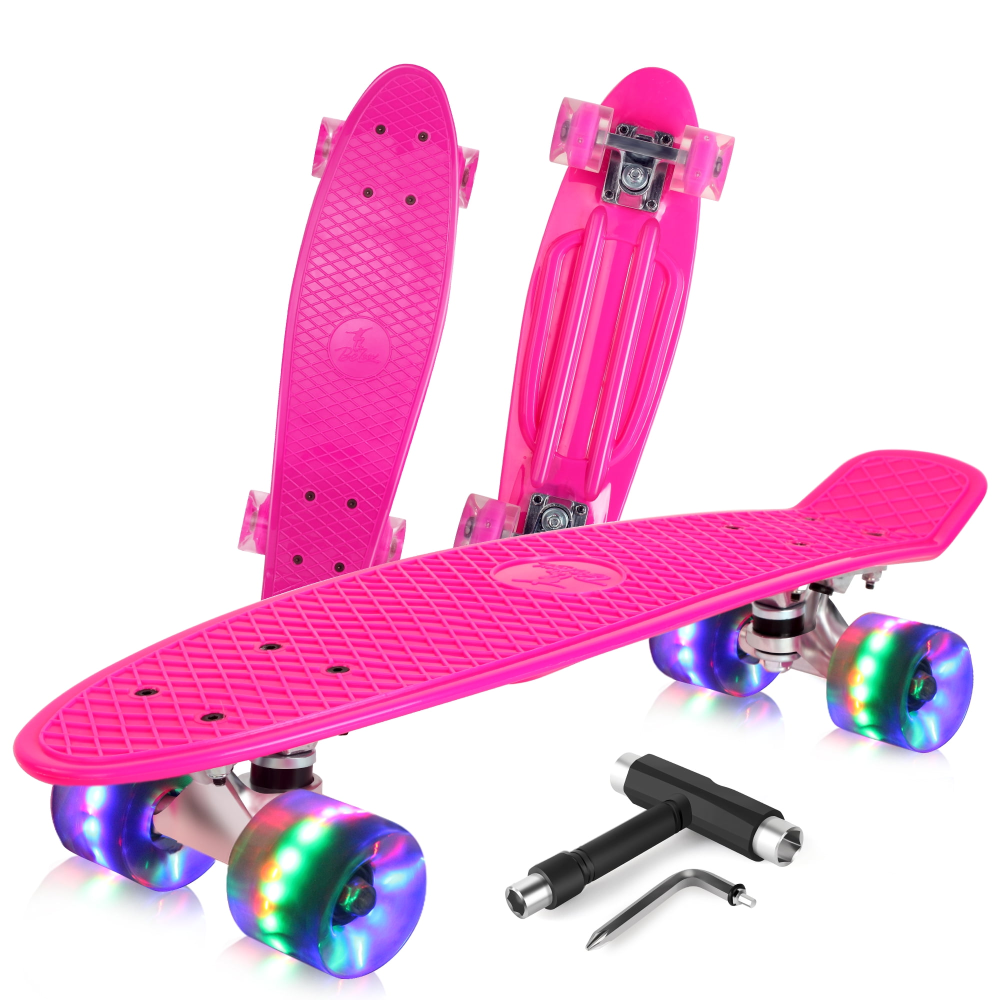 BELEEV Skateboard with Flashing Wheels Complete Cruiser Mini Skateboard for Kids Teens Adults & Beginners, All-in-One Skate T-Tool Pink