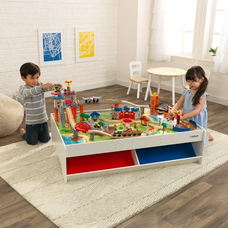 - KidKraft Railway Express Wooden Train Set & Table with 79 Pieces and Two Storage Bins