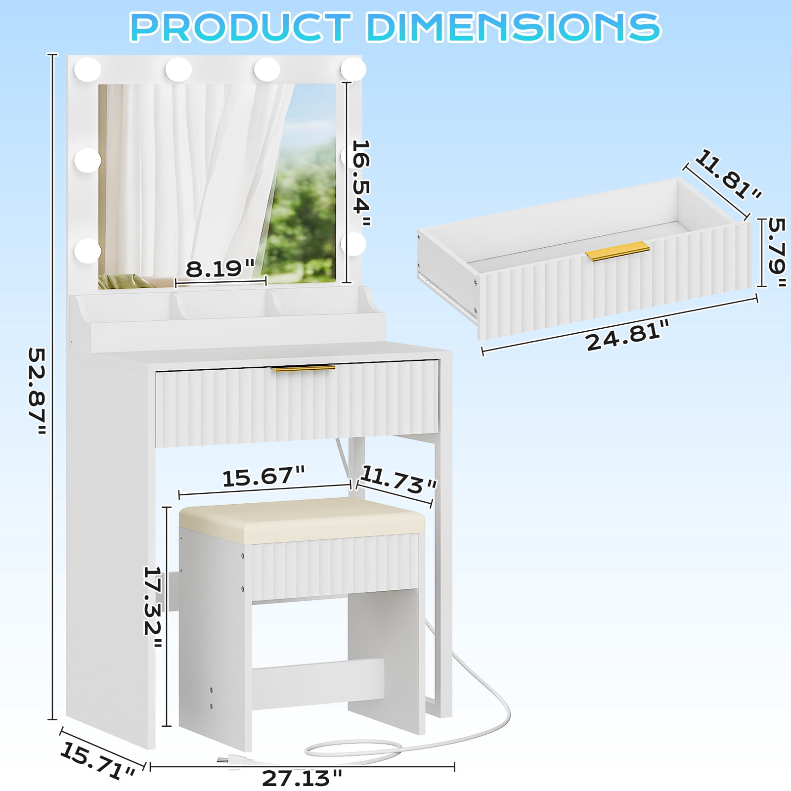 Dressing Table Set with Stool, 1 Drawer, 3 Storage Compartments, 8 Tri-Color LED Bulbs, Power Strip, White