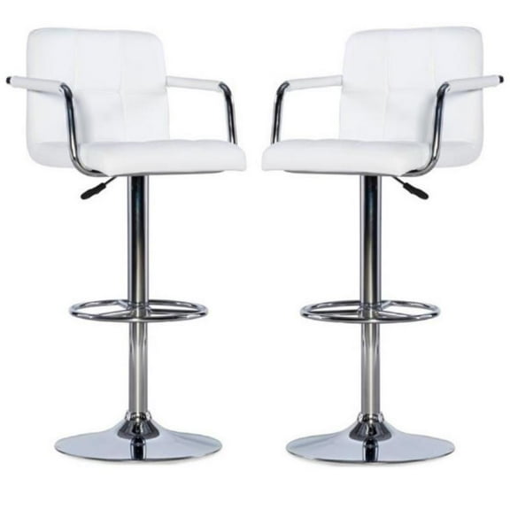 Home Square Quilted Back Metal Swivel Bar Stool in Chrome and White - Set of 2