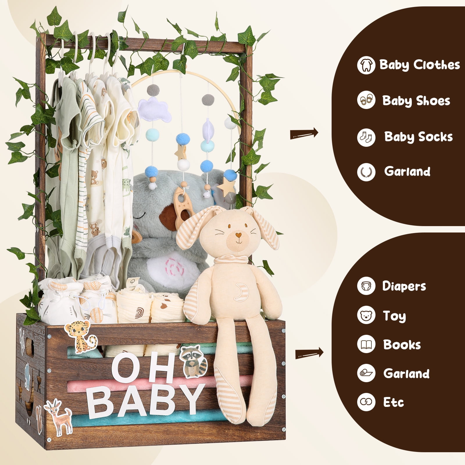TeSabMi Large Baby Shower Gifts Basket Wooden Crate, Personalized Wooden Letters Hangers New Born Baby Girl Boy Pregnancy Gifts for New Mom Parents Vine Decorations Cute Closet with Adjustable Handle