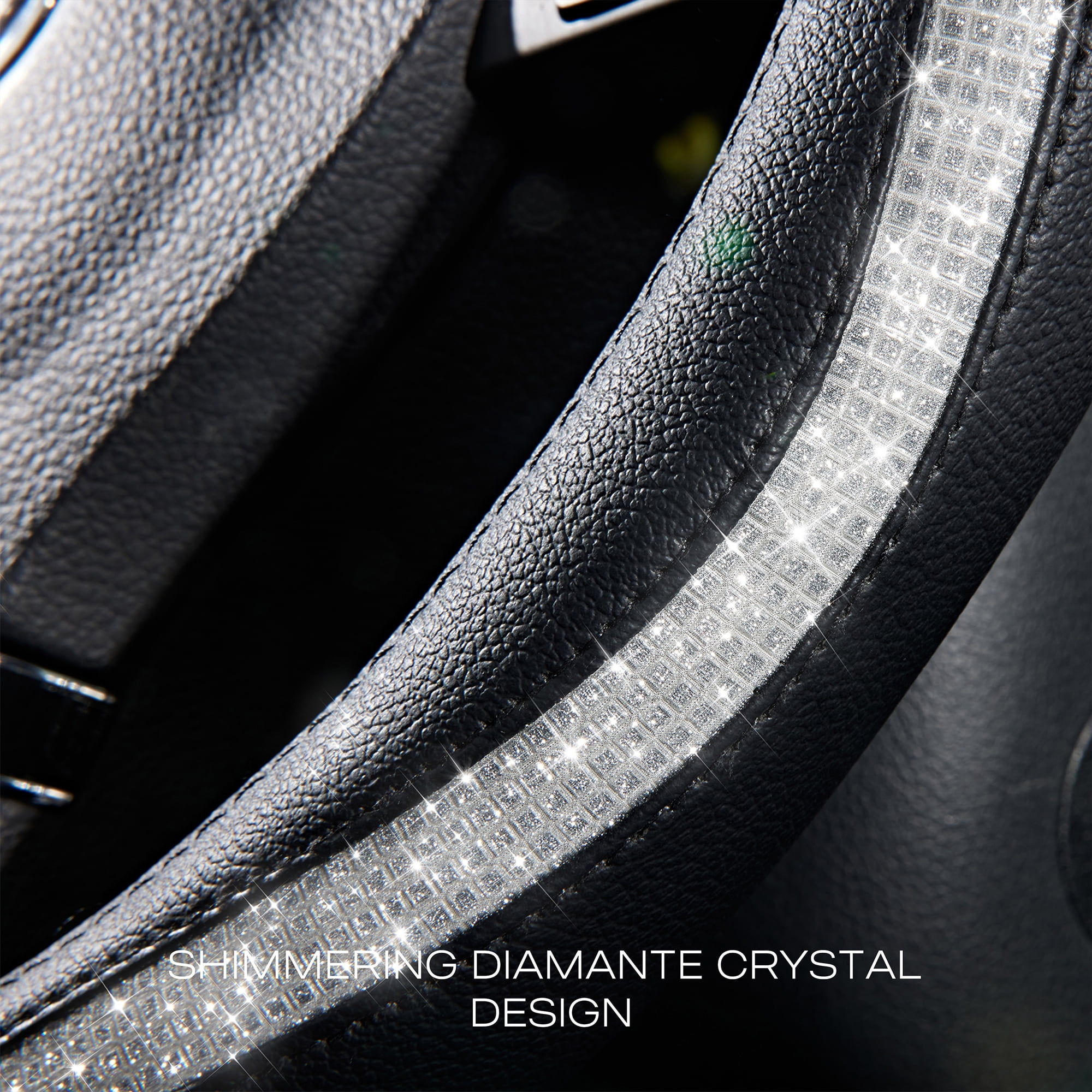 Auto Drive 1Piece Steering Wheel Cover with Silver Diamond Leather Black - Universal Fit, 20WM08