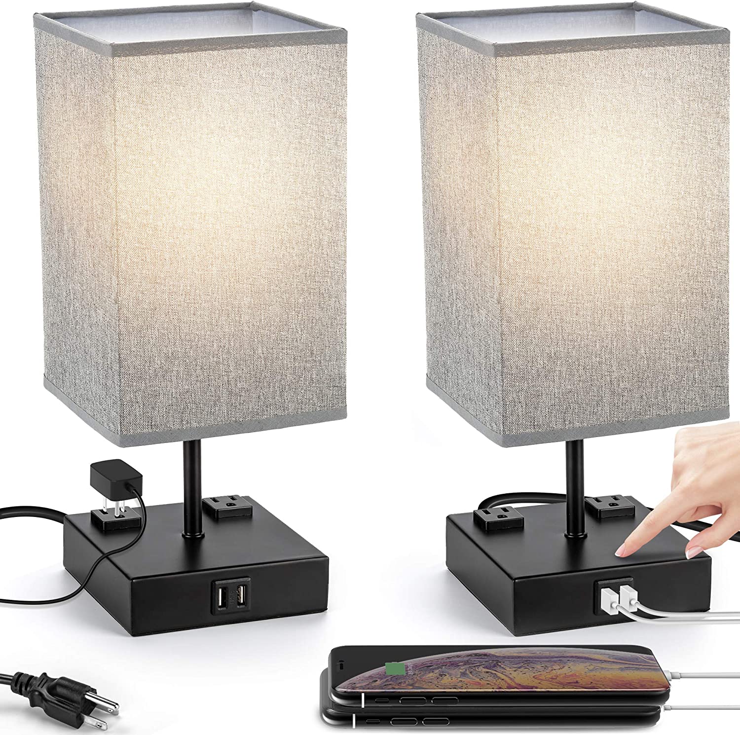 UL Approval Touch Control Table Lamp with USB and AC Outlet, Dawht 3