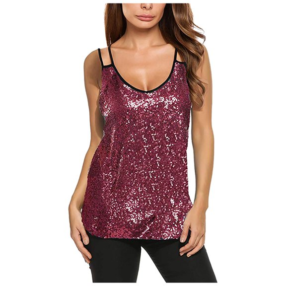 Sequin Tank Tops for Women Sleeveless Pink Sparkly Vest for Women Shiny Top Ladies Holiday Outfits Holiday Outfits for Women