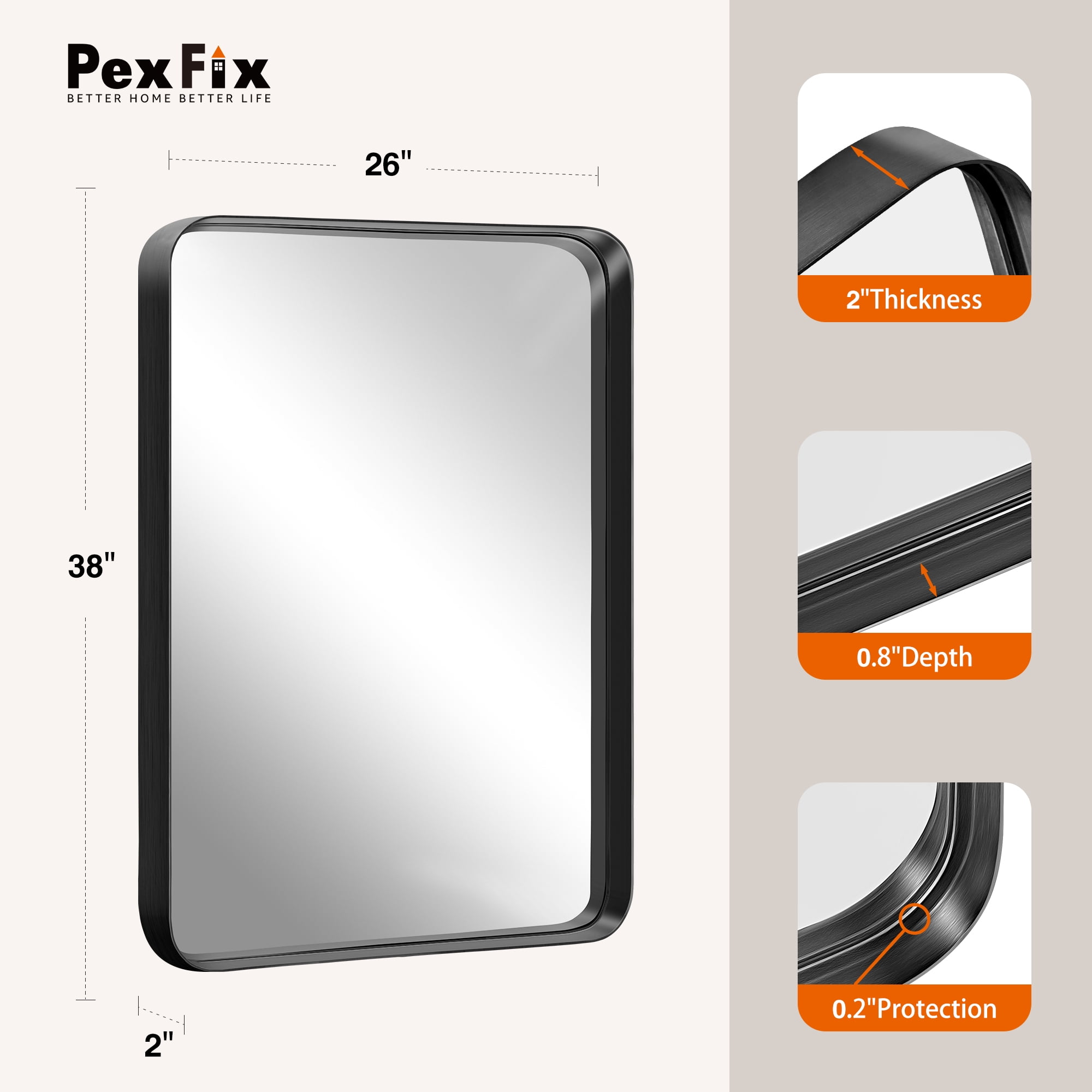 38"x26" Aluminum Alloy Wall Mount Rounded Corner Rectangular Mirror,Black