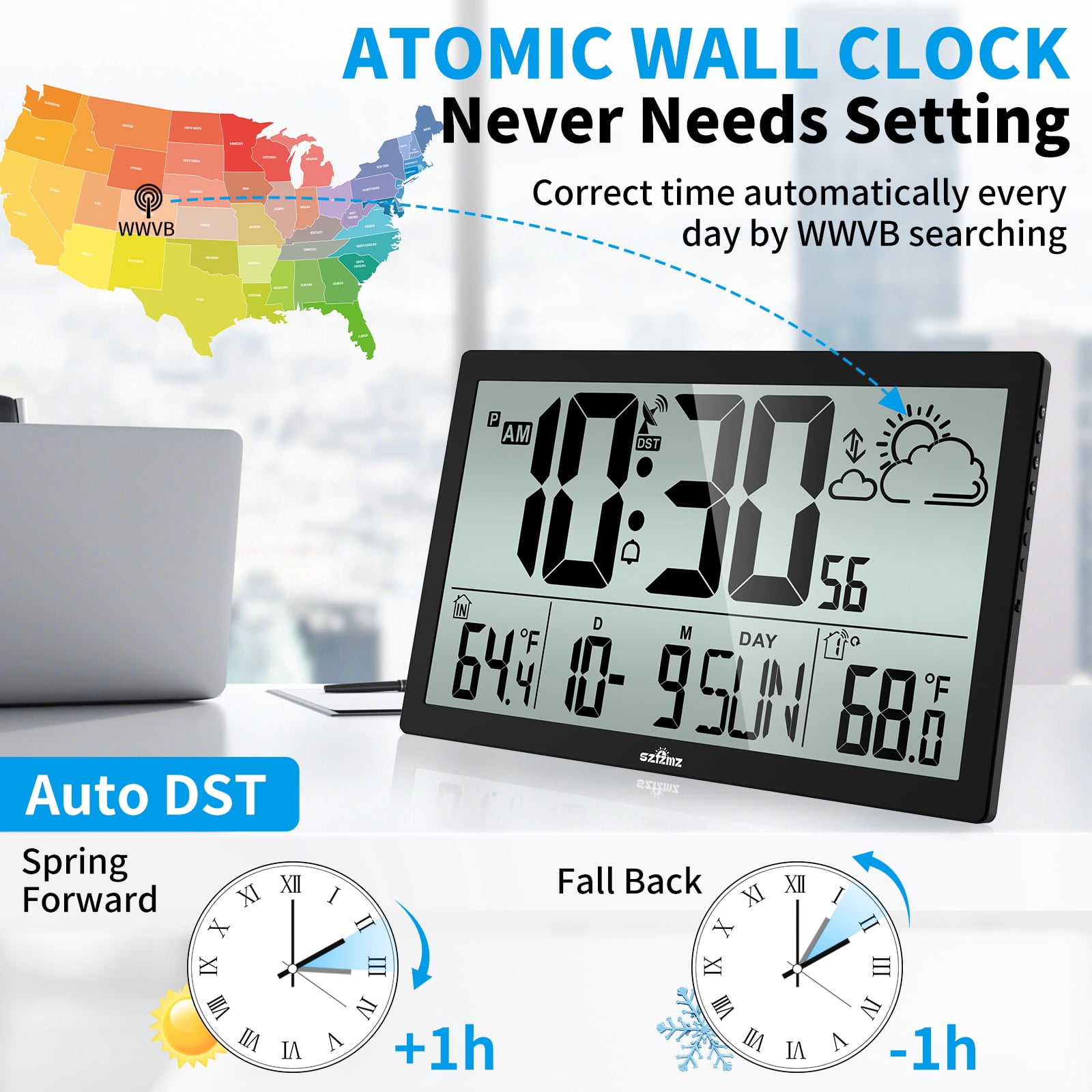 Large Display Atomic Clock, Digital Wall Clock Easy Setting, Indoor Outdoor Temperature With Wireless Outdoor Sensor, Battery Powered, Easy To Read Desk Clock For Office, Kitchen, Living