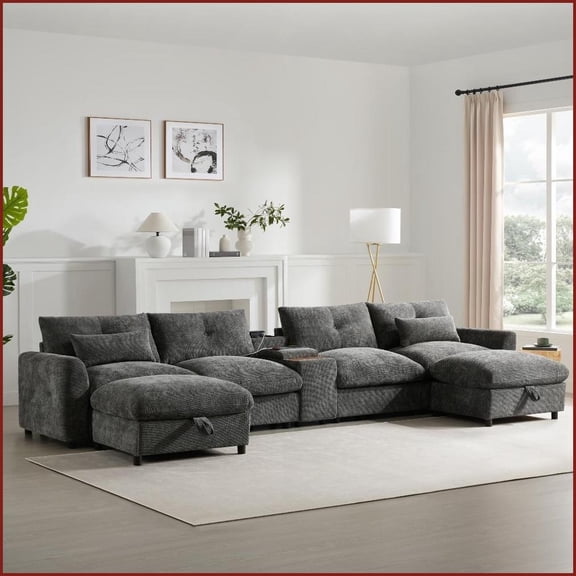142'' Modular 6-Seat U-Shaped Chenille Sectional Sofa with Storage Ottomans, USB Console & Wide 30'' Seats | Pillow Back | Chenille | Living Room