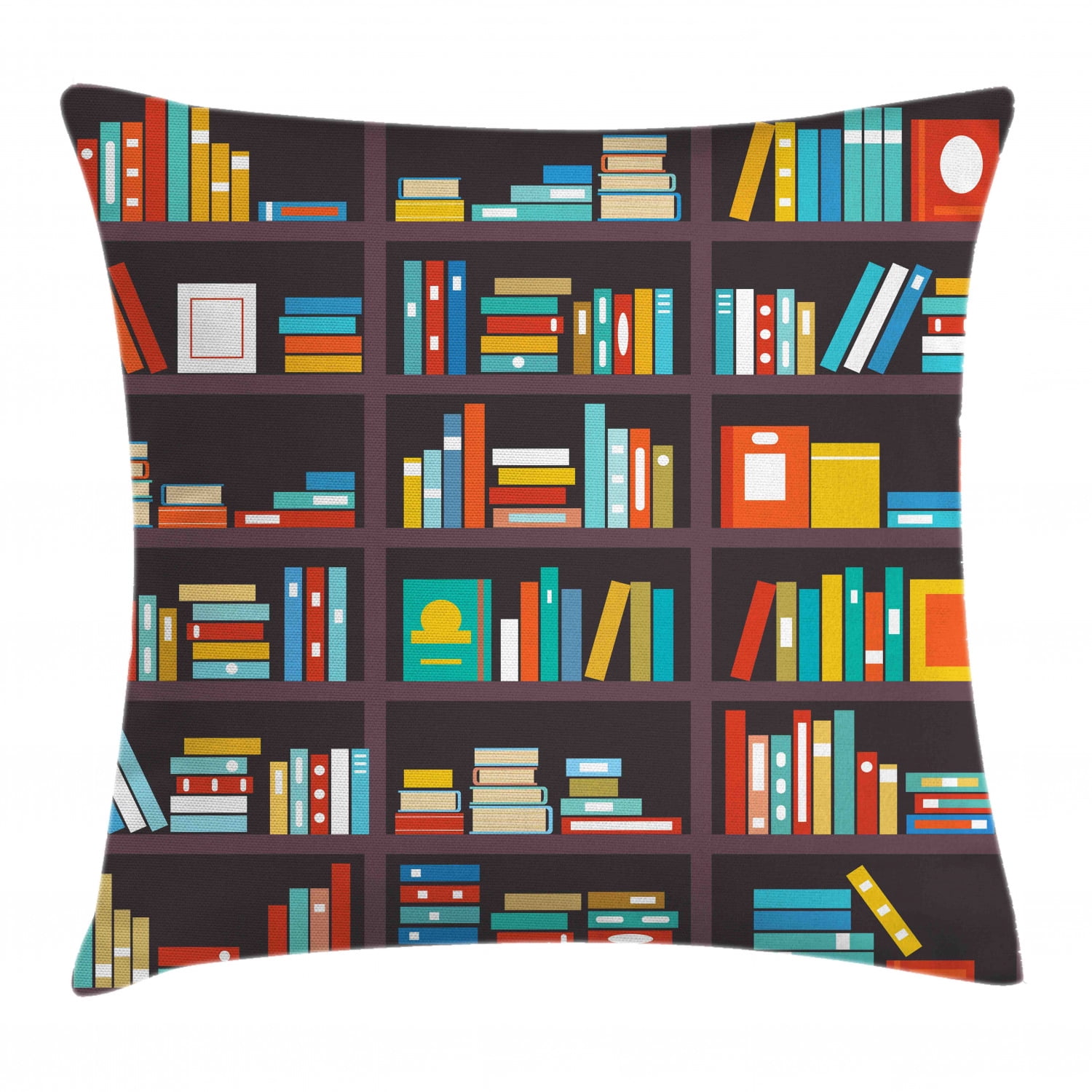 Bookshelf Throw Pillow Cushion Cover, Library Themed Cartoon with