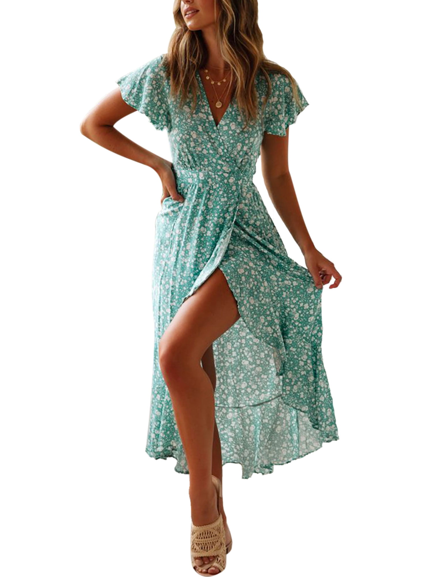 ❤Womens V Neck Mini Dresses Ladies Summer Casual Floral Printed Swing Vintage Boho Sundress 