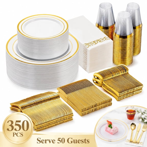 Goodluck Disposable Plastic Dinnerware Set 350 PCS Serves 50 Guests, Heavy Duty Tableware Kit with Gold Rim Plates Cups Napkins Cutlery for Wedding Birthday Party