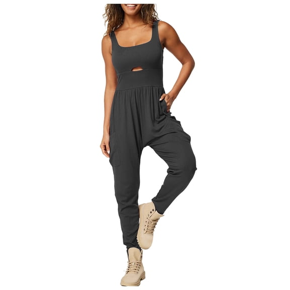 successthop Jumpsuits for Women Casual Sleeveless One Piece Adjustable Strap Long Pants Solid Lounge Wear with Pockets S