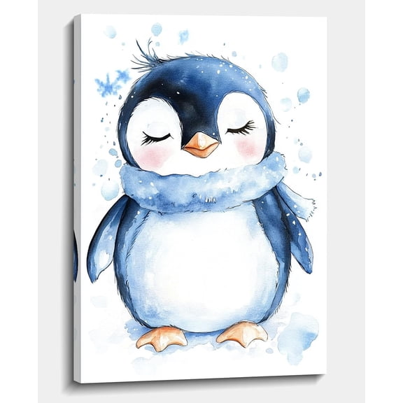 AVOI Penguin Canvas Wall Art Animal Painting Watercolor Print Cute Baby Penguin Picture Nursery Wall Decor Whimsical Poster Home Decor(Picture-5) Frame: 12x12in
