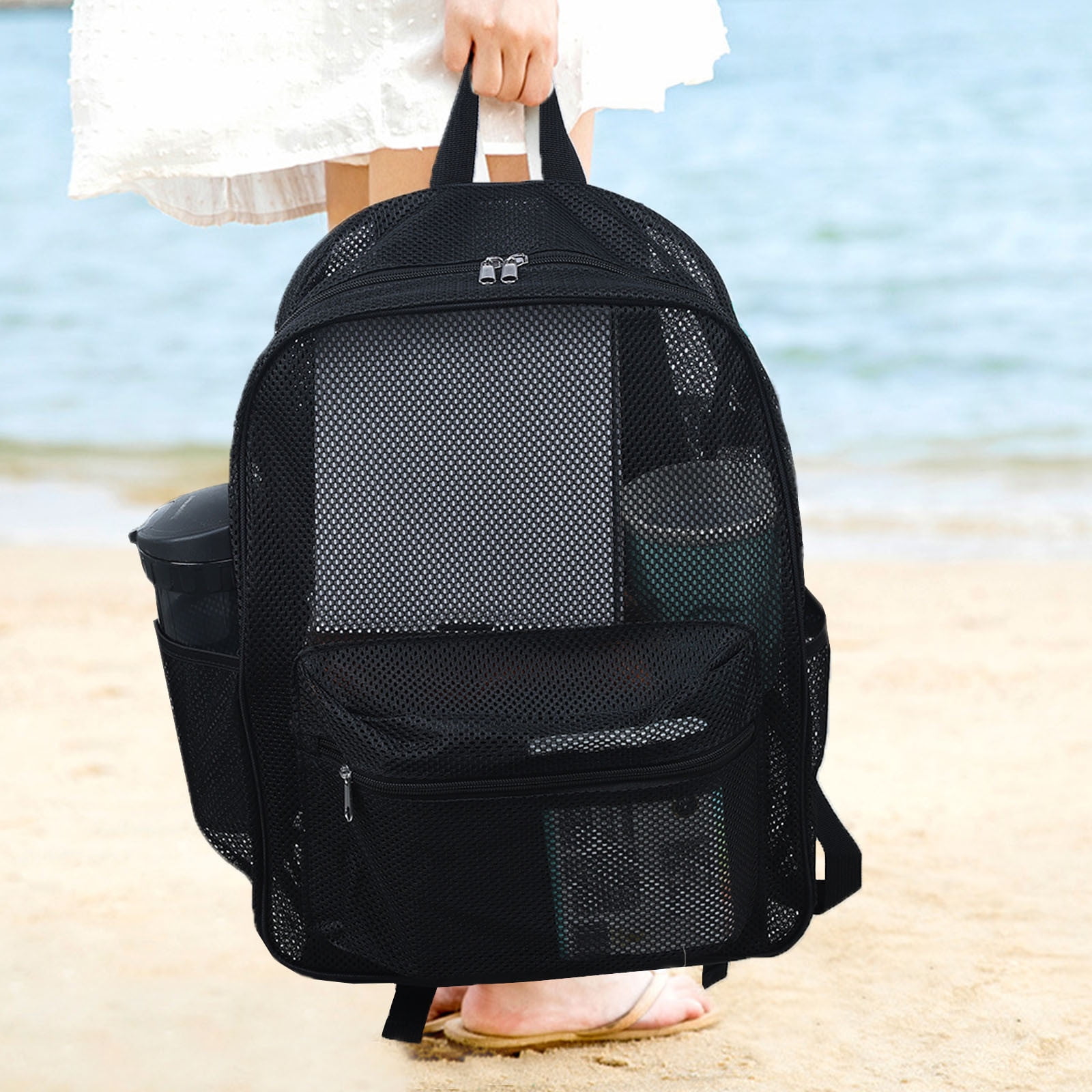 Bolsa de playa de malla transparente Mochila de malla negra extra grande  para piscina, playa, picnic, compras, camping Nylon ligero Sin arena, 