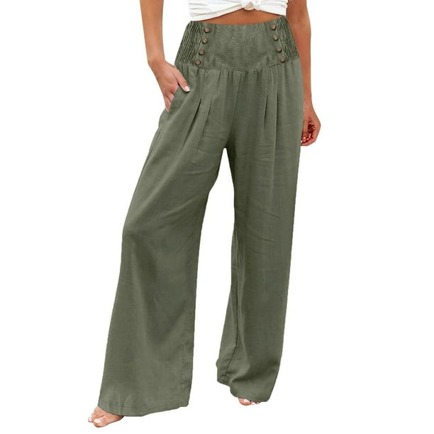Pantalones de pierna ancha de lino y algodón de verano, pantalón palazzo suelto para mujer, pantalones casuales con botones de cintura elástica y bolsillo, verde militar / xl