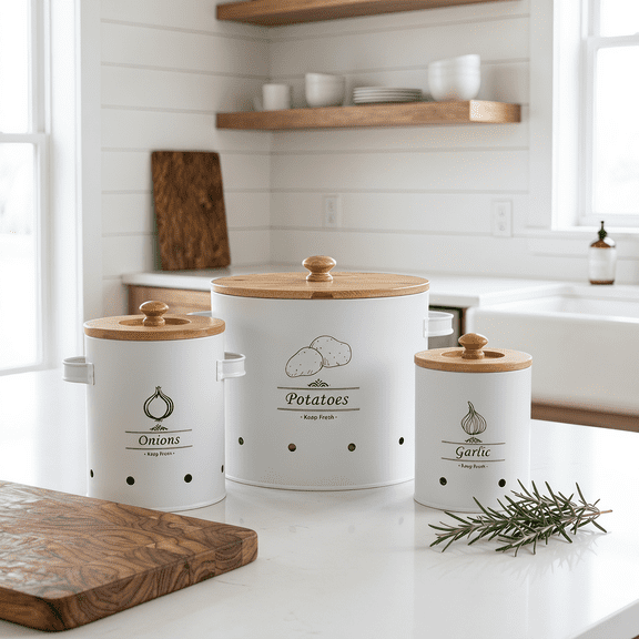 3Pcs Onion Storage Canister 3 Sizes Potato Storage Bins Carbon Steel Vegetable Storage Tins with Handle Potato Keeper Practical Garlic Storage Bin for Home Kitchen