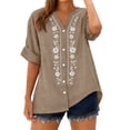 thumbnail image 5 of IPYUI Womens Linen Button Down Shirts Retro Embroidered Blouse Peasant Blouses Stylish Tops V Neck Ladies Tops And Blouses Gauzy Tops Boho Top 3/4 Length Sleeve Tops Loose Fit Shirts Elbow Sleeve, 5 of 9