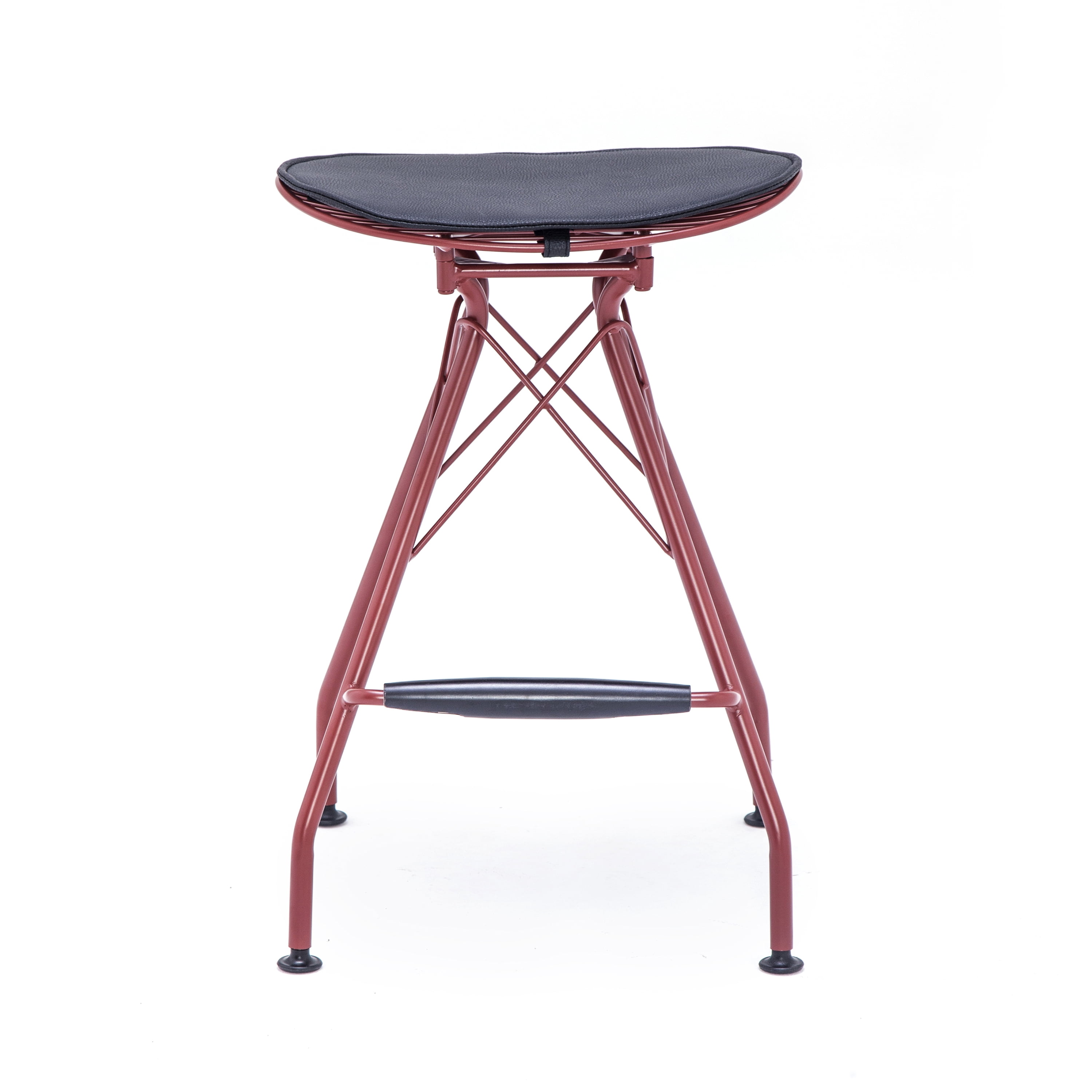 Industrial Metal Barstool with Faux Leather Seat Pad and Wood Accented Foot Rest, 24 Inch Seat Height, Dark Red, Set of 2