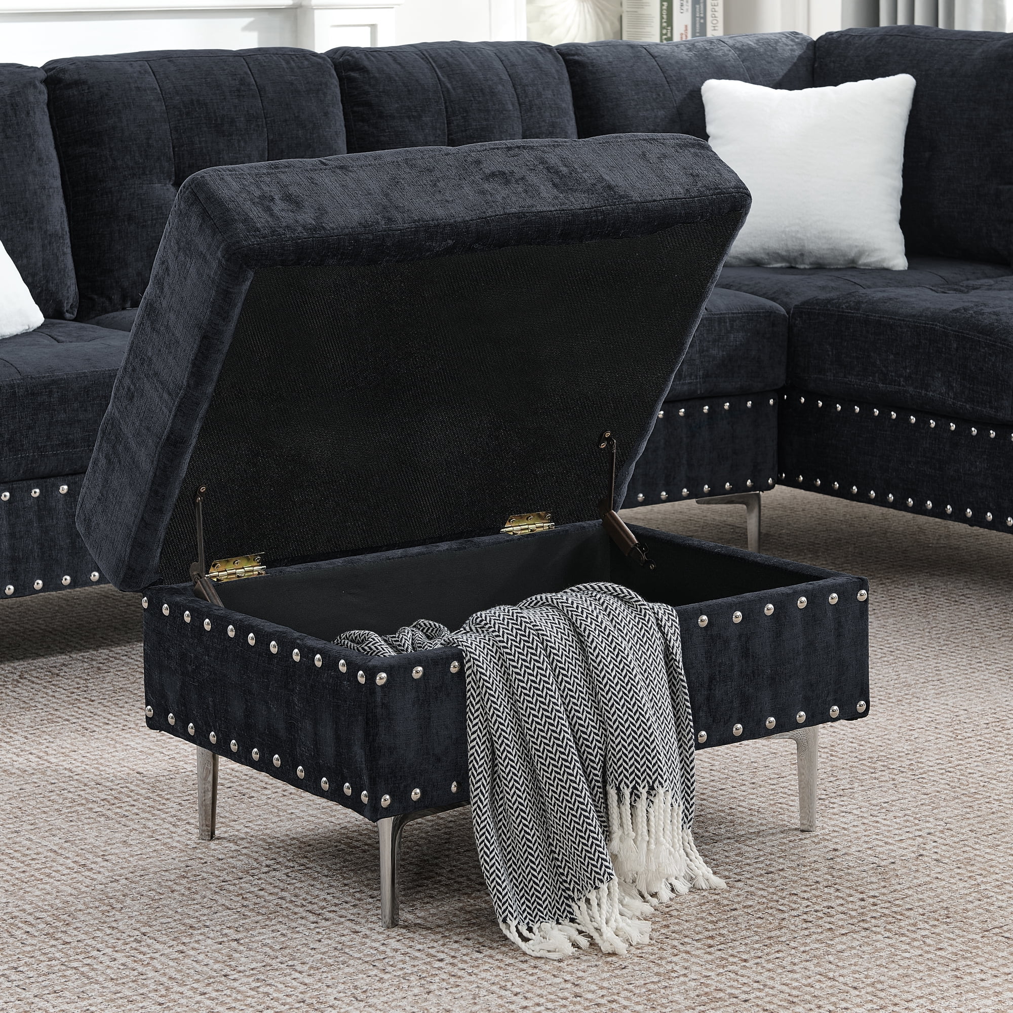 Leumius Modular Sectional Sofa with Chaise and Storage Ottoman,U/L Shaped Sectional Sofa with 2 Pillows,Modern Copper Nails Design Couch with Deep Seat and Thickened Cushion for Living Room,Navy Blue