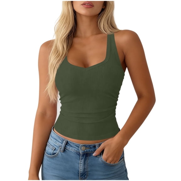 TEAJOPSUU Ribbed Camisole Tops for Womens Halter Neck with Built-in Bra Stretchy Soft Tank Summer Casual Slim Solid Color Top B-Olive Green