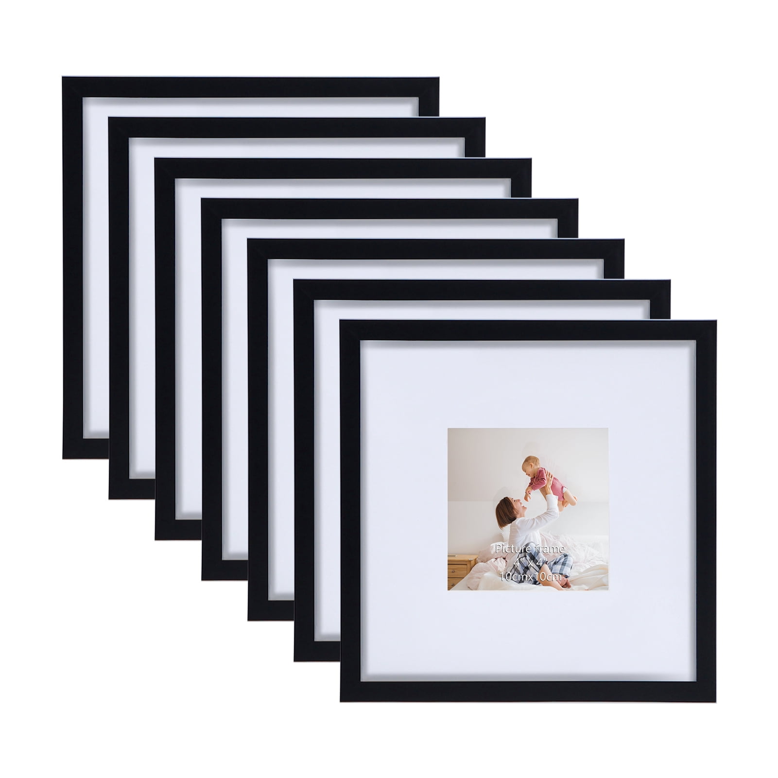7 Pack Black Picture Frames 8x8 without Mat or Photo Frame 4x4 with Mat, Classic 8 by 8 Photo Frame for Wall Mount or Tabletop