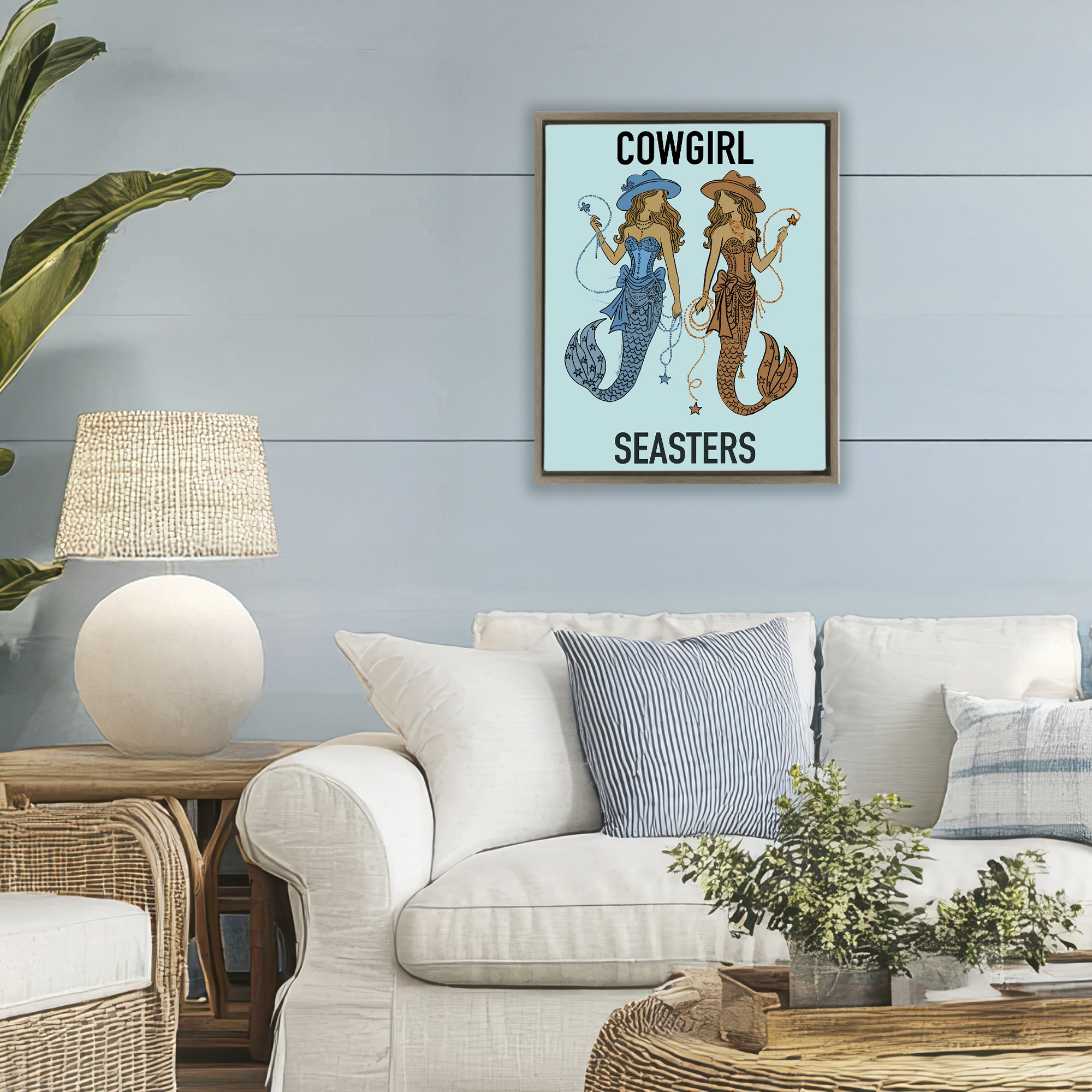 Cowgirl Seasters Mermaid Friendship Brown Framed Floater Canvas Wall Art, design by Amelia Noyes