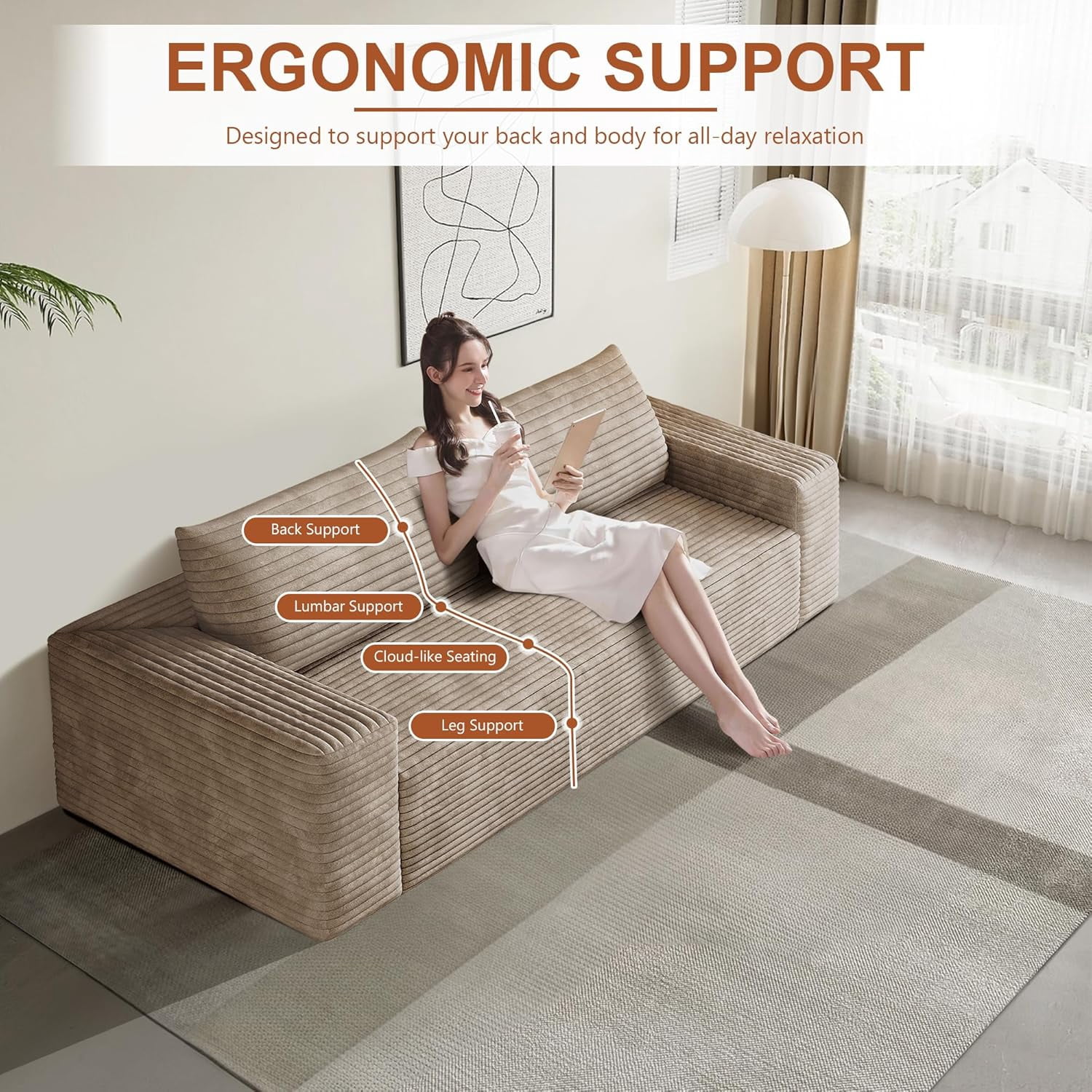71" Corduroy Loveseat Sofa, 3-Seater Cloud Couch, Boneless Couch in a Box, Deep Seat Sofa with Memory Foam, No Assembly Required(Camel)