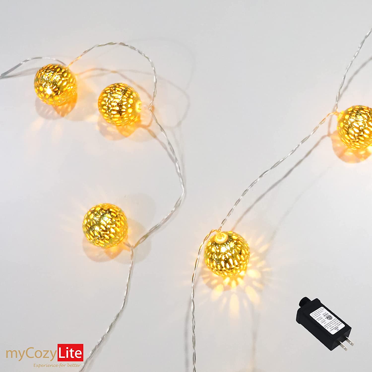 Moroccan String Lights Gold Plug in 20 LED Globe String Lights for Wedding Party, Home Decor, Classroom, Birthday, Christmas, Indoor Outdoor, Metal Orbs, 8 Functions, Timer, Connectable, 10 ft