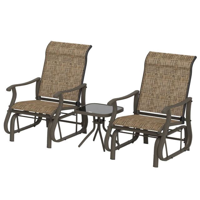 3-Piece Outdoor Gliding Rocking Chair and Bistro Tea Table Set, Brown Powder-Coated Steel Frame with Breathable Mesh and Tempered Glass, for Patio, Garden, or Porch